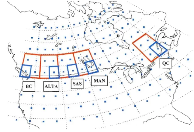 Fig.  3  Specification  of areas  of interest.  Red  and  blue  boxes  indicate  regions  including  four  and  one  CGCM  grid  points  respectively