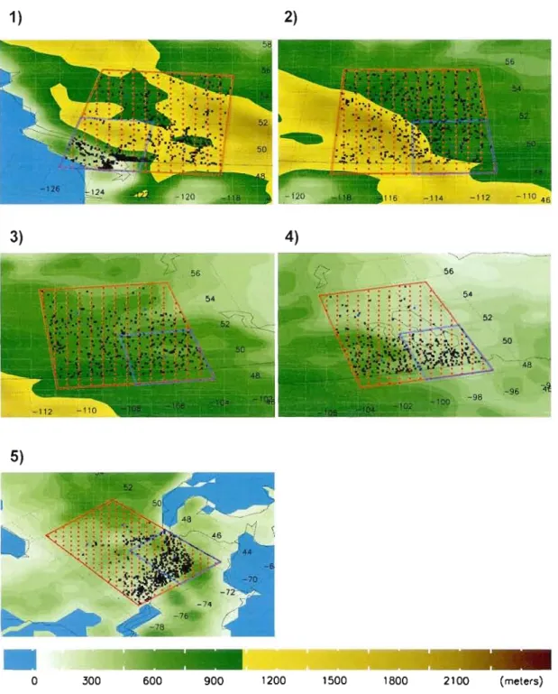 Fig.  4  Weather stations  (black  points),  CRCM  grid  points  (red  points)  and  CGCM  grid  points  (blue  points)  for  regions  indicated  in  Fig