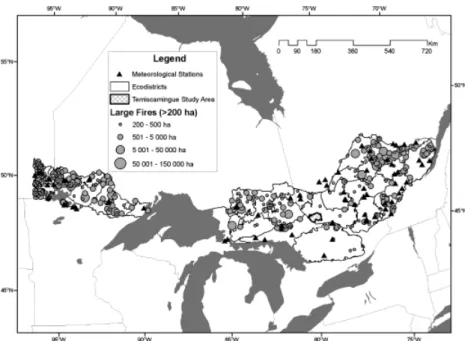 Fig. 1. Great Lakes-St Lawrence forest region, location of meteorological stations used, distribution of large ﬁres analysed, and location of the Te´miscamingue landscape.