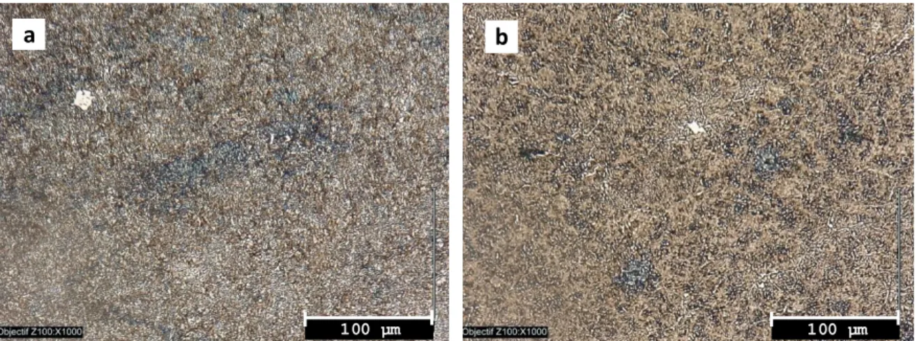 Fig. II.9. Microstructure of hardness block samples etched with Nital at 2%, a) 39HRCand b) 63.4HRC