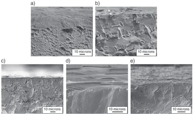 Fig. 7. Observations of fracture surfaces (a) Ti6Al4V — 100 h — 450 °C, (b) Ti6Al4V — corroded with NaCl — 100 h — 450 °C, (c) coatings deposited at 350 °C on Ti6Al4V — corroded with NaCl — 100 h — 450 °C, (d) coatings deposited at 480 °C on Ti6Al4V — corr