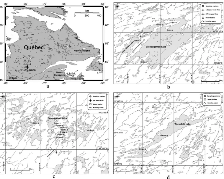 Fig. 1. Location of the mining region of Chibougamau (a); sampling stations in the Chibougamau and Aux-Dorés lakes (b), Lake Obatogamau (c), Lake Waconichi (d).