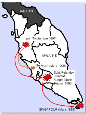 Figure 1 : Localisation des premières épidémies liées au  virus Nipah en Malaisie et à  Singapour entre septembre 1998 et avril 1999