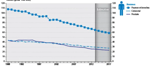 Figure 1 Taux de mortalité normalisés selon l’âge (TMNA) pour certains cancers, hommes,  Canada, 1988–2017  4   