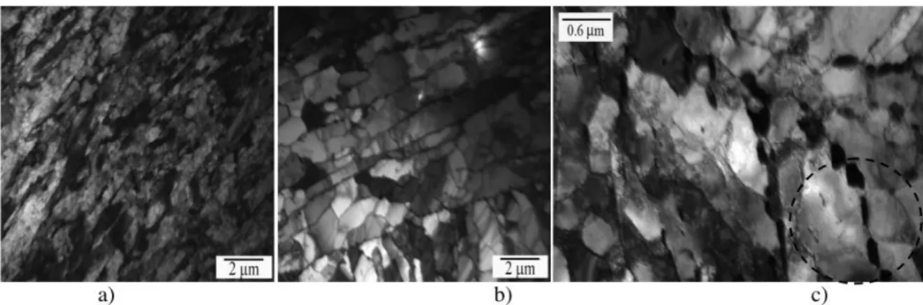 Figure 2-27 a) initial tempered microstructure of AISI 410 steel; b) fatigued lath structure  turned into equiaxed subgrain microstructure; c) fatigued lath structure with disappeared 