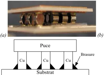 Figure 9 : Connexion entre semi-conducteur et substrat par des inserts cylindriques en cuivre,  (a) disposition sous forme de « bumps », (b) disposition sous forme de CuC