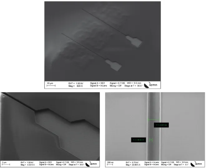 Figure II-16: images MEB d'une grille en Té après développement 
