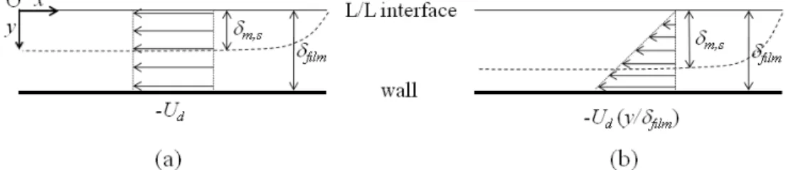Fig. 3. Scheme of the concentration boundary layer in the film (a) with slip boundary condition and (b) no-slip  boundary condition