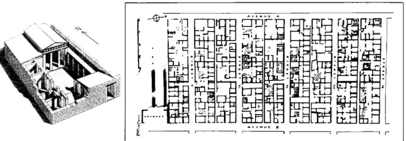 Figure 1.5. (gauche) Reconstruction d’une maison grecque classique, à partir des fouilles de la ville de  Prienne par Theodor Wiegand ; (droite) Plan typique du quartier de North Hill de la ville d’Olynthe 