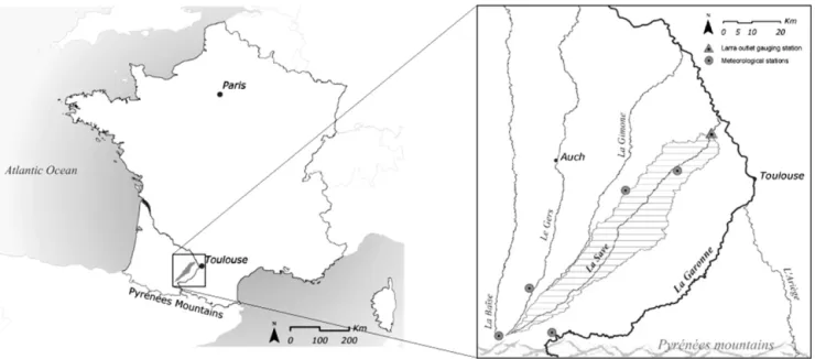 Fig. 1. Localisation of Save catchment, Larra gauging station and meteorological stations.