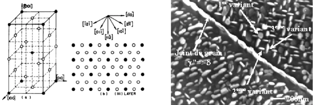 Figure II. 1 : Unit cell of DO 22  structure (γ”-Ni 3 Nb) structure and arrangement of atoms in the (111)  plane (a) [Sundararaman et al.,1994], various variants of γ” phases detected in Inconel 718 