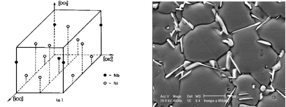 Figure II. 3 : Unit cell of DO a  (δ –Ni 3 Nb) structure (a) [Sundararaman et al.,1994], needle-like  morphology of delta precipitates at the grain boundaries (b)