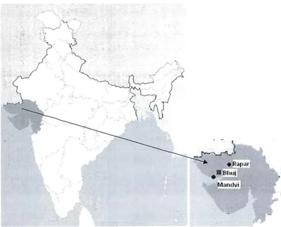 Figure 4.  1  Cartes de  l'Inde  et  du  Gujarat tirées ct  adaptées de  Nirdesha,  octobre 2007 33 • 