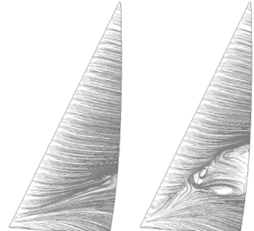 Figure 12: design shape (grey), flying shape / RANS  (white), flying shape / uniform pressure (black), (left)  leeward side (right) windward side (bottom) top view 