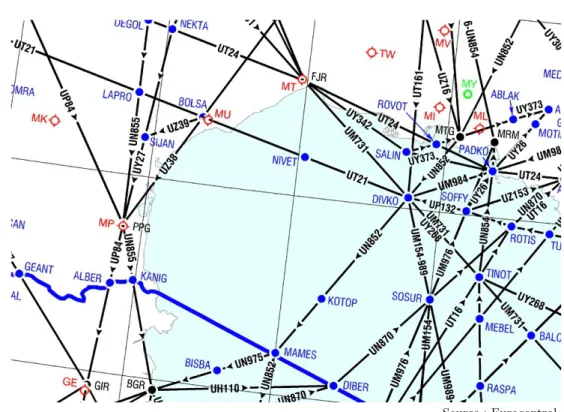 Figure 1.1 – Extrait d’une carte du réseau de routes aériennes dans le sud de la France.