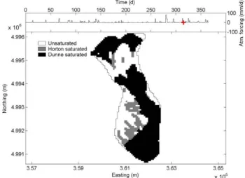 Figure 14: Distribution of simulated surface saturation state for the Thomas Brook catchment  during the wetter autumn period (November 11) for scenario 9
