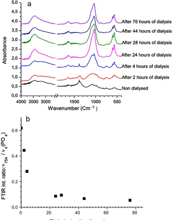 Fig. 2. Evolution of (a) FTIR spectra vs. dialysis time for Eu-free apatite colloid and (b) FTIR intensity ratio  754 / 3 (PO 4 ).