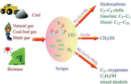Figure 1.1 Transformation of non-petroleum carbon resources into liquid fuels and chemicals via  syngas