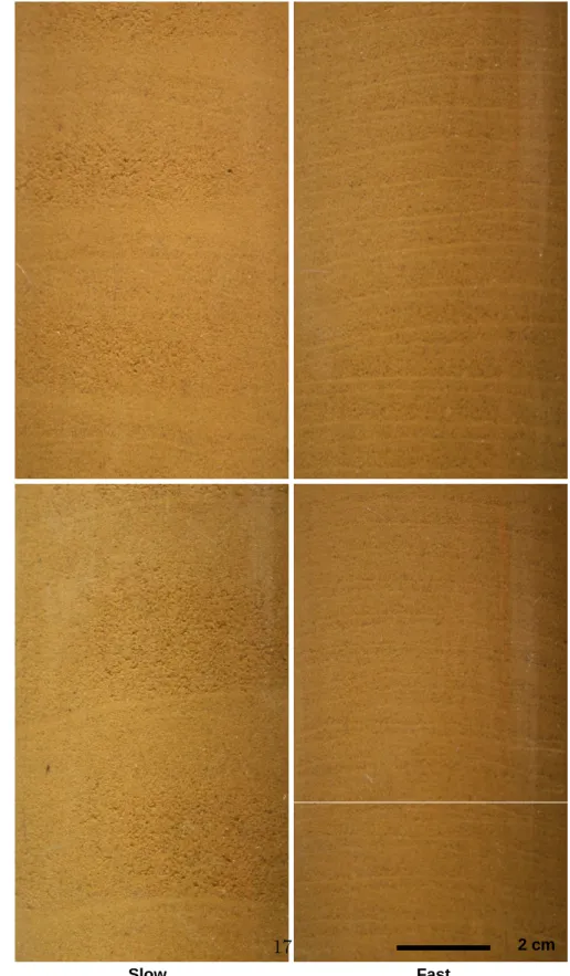 Figure 5: Pictures of SSC-1 prepared in transparent container with Rain method. The layering and segregation of particles in each layer are visible in each picture