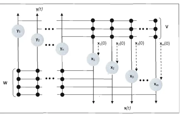 Figure 3.1  Architecture  neuronale du  modèle FEBAM.  Le  réseau  contient deux  couches  d'unités,  et  chaque  unité  de  la  couche  x  est  connectée  à  chaque  unité  de  la  couche  y