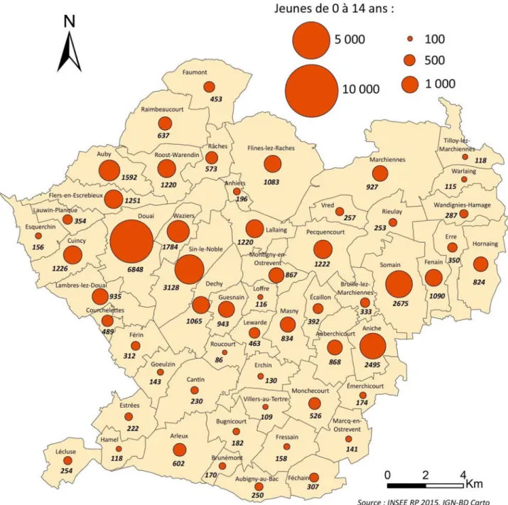 Figure 8. Population âgée de 0 à 14 ans dans le Grand Douaisis, par commune (2015)