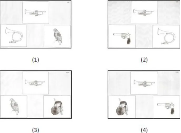 Figure 5 : Exemple des 4 présentations proposées lors de l'appariement sémantique du LEXIS  pour l'item trompette 