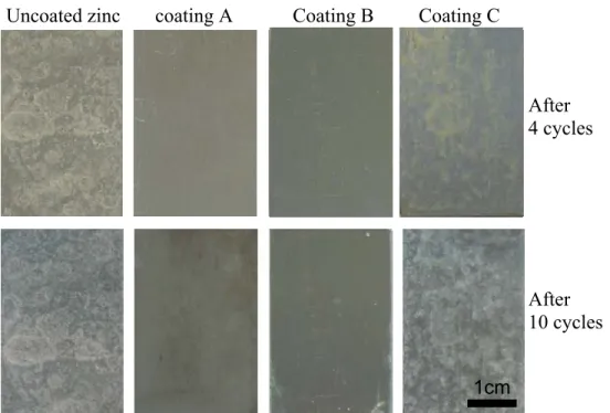 Figure 4.  Photographs of all samples after 4 and 10 cycles exposed to the cyclic humidity  test