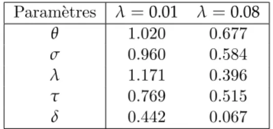 Table 4.3 – Merton - Efficacit´ e relative par param` etre pour λ = 0.01 et λ = 0.08. θ = 0.00, σ = 0.01, τ = − 0.02 et δ = 0.02.