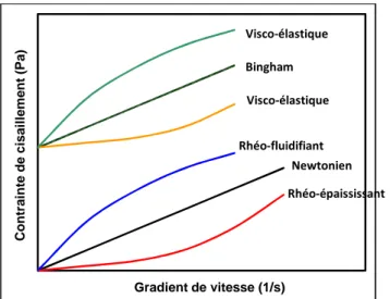 Figure I.4. Représentation graphique d’un rhéogramme avec différents types de fluides.