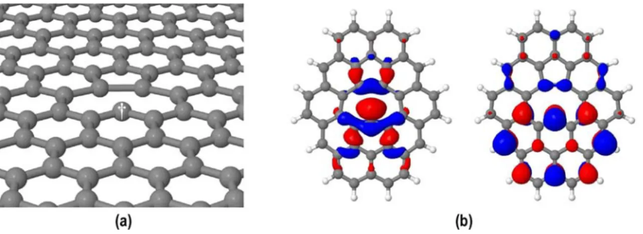 Figure III.11 : (a) Lacune sur une feuille de graphène (le signe † indique l'atome de  carbone réactif i); (b) unique OM occupée dans l'état triplet le plus bas de  M42* (qui 