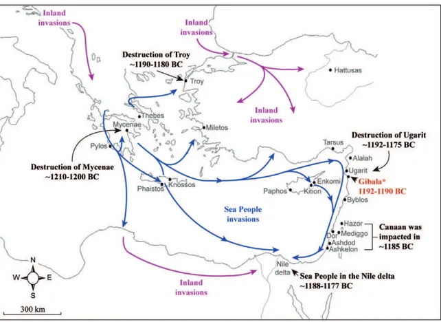 Figure 1. Map of the Sea People invasions in the Aegean Sea and Eastern Mediterranean at the end of the Late Bronze Age (blue arrows)