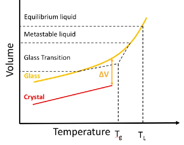 Figure I.2: Volume variation as a function of the temperature while cooling a liquid  to form a crystal or a glass