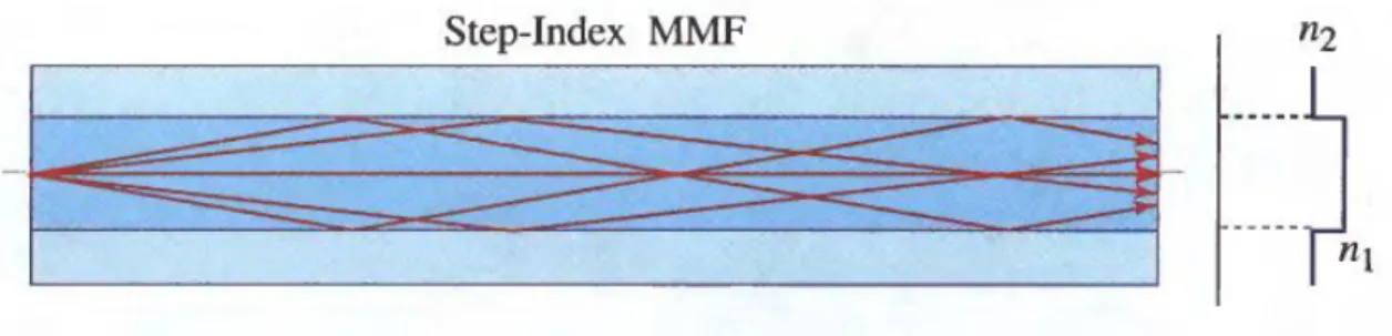 Figure II.6: Schematic presentation of the way light rays propagate inside a  multimode step-index optical fiber