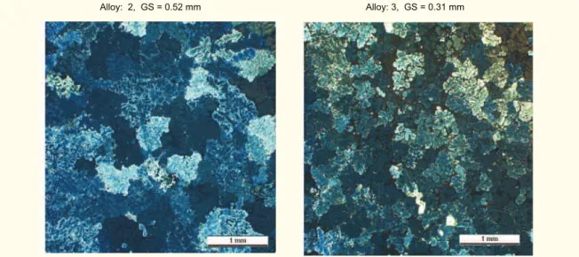 Fig. 6: Grain size observed in the TA cup for each analyzed alloy      Alloy:  2,  GS = 0.52 mm                                                                Alloy: 3,  GS = 0.31 mm