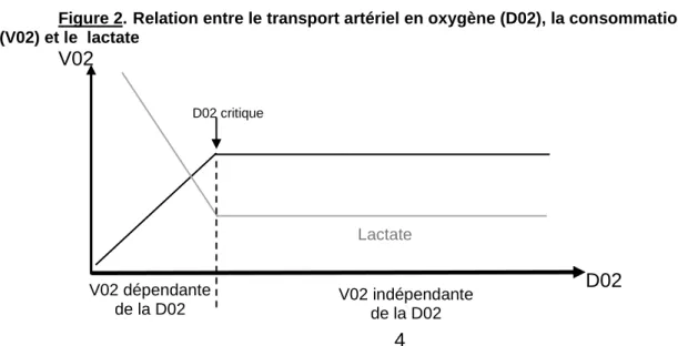 Figure 2. Relation entre le transport artériel en oxygène (D02), la consommation en oxygène  (V02) et le  lactate 