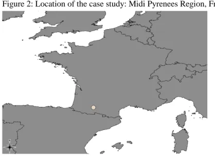 Figure 2: Location of the case study: Midi Pyrenees Region, France. 