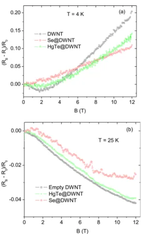 FIG. 2. (Color online) (a) MR vs B graph measured at 4 K for the empty, Se and HgTe filled DWNT samples