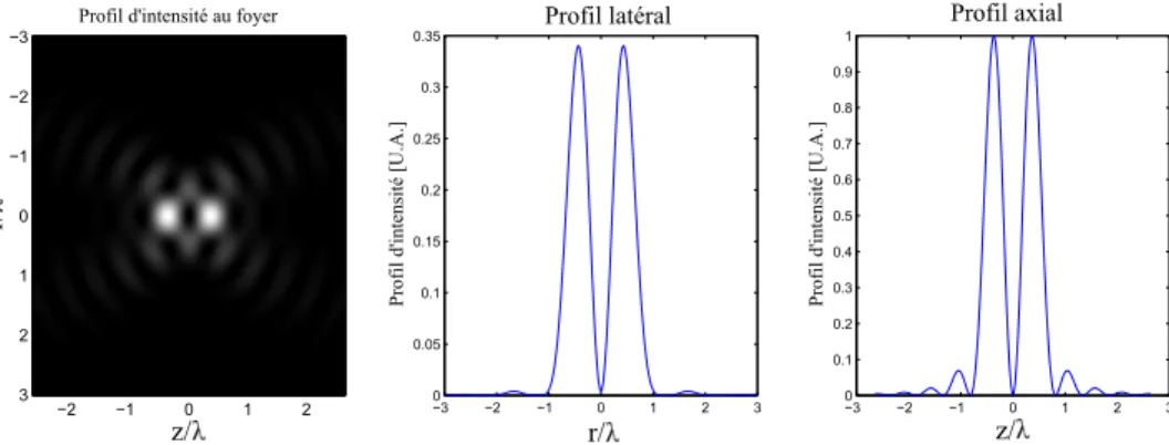Figure 3.8 – Solution au foyer de l’intensité du champ. On peut également voir les tranches longitudinales et radiales du profil.