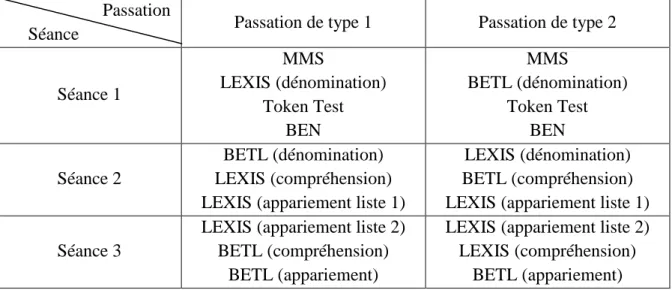 Tableau VI: détail des deux types de passation du protocole 