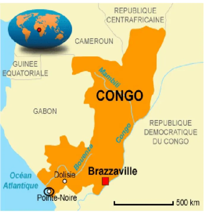 Fig1 : carte du Congo montrant la ville de Pointe Noire.  