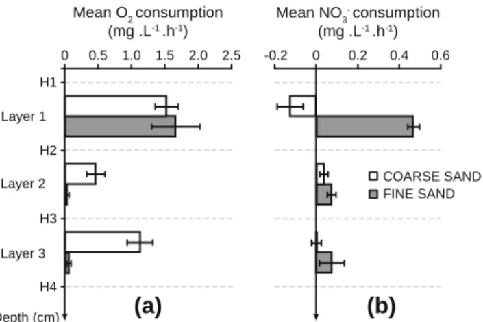 Figure 5 Microbial characteristics: total abundance of bacteria (a), abundance (b) and ratio (c) of active bacteria, potential aerobic respiration (d), potential denitrification (e), specific aerobic respiration (f) and specific denitrification (g) determi