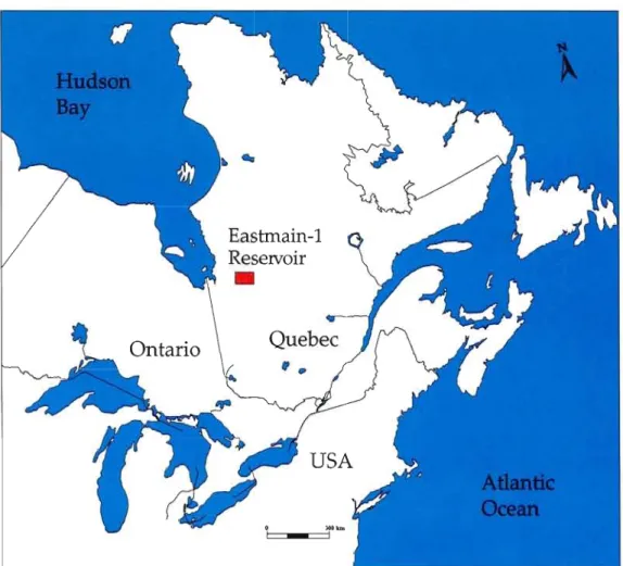 Figure  1. Location map  of the Eastmain-l  hydroelectric reservoir (New Quebec). 