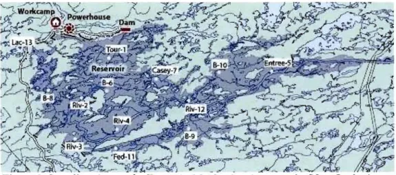 Table  1.  Sampling sites location. Lac-13 is the  only site (in a natura11ake) outside the reservoir