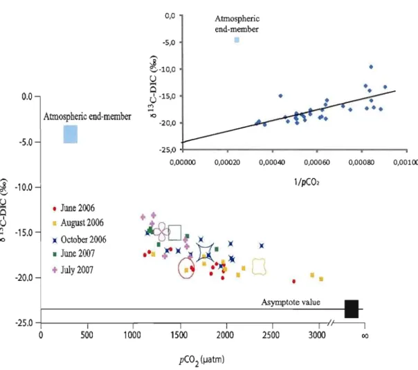 Figure 3.  Correlations  of  o l3 C-DIC  with  pC0 2  and  its  inverse.  Here,  in  the  insert,  we  only  use data from the warm water campaigns to  estimate the  assymptotic value of DIC produced  in the reservoir (see text)