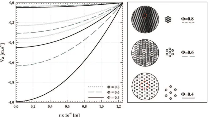 Fig. 5. Velocity profiles in the lumen versus width at z = 6.4e −3 , 0.056 and 0.12 m, in the inner to outer filtration mode.