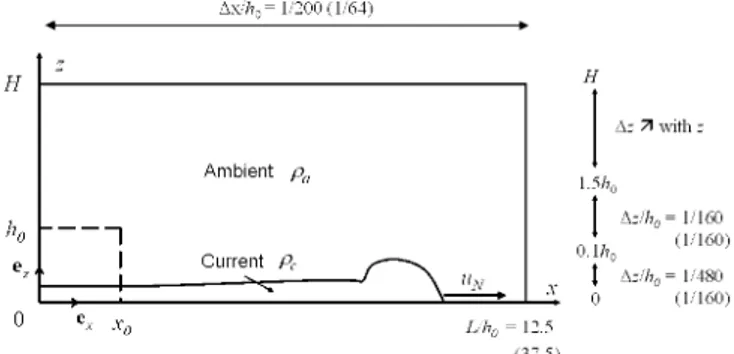 Figure  1:  Physical configuration used in the present work  and spatial resolution of the Navier-Stokes  simulations