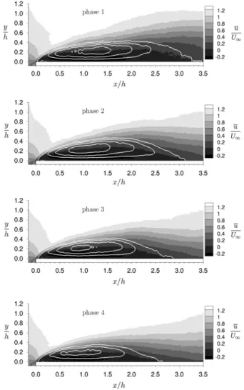 Fig. 5. Eight phase averages from a POD analysis of the FFS shear layer dynamics for d =h ¼ 1:25, Re h ¼ 6 741