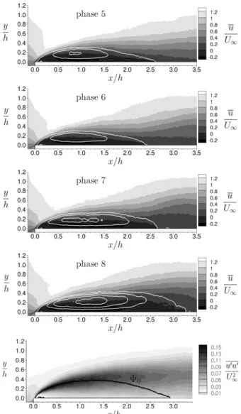 Fig. 7. Reynolds shear stress contours produced above a FFS for d =h ¼ 1:25;