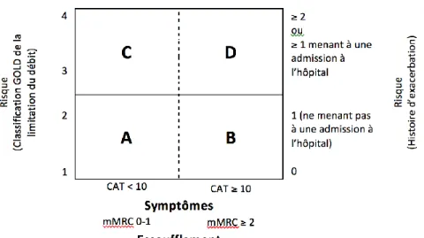 Figure  1.  Évaluation  de  la  MPOC  basée  sur  les  symptômes,  le  degré  d'essoufflement,  la  classification  spirométrique et les risques d'exacerbations  