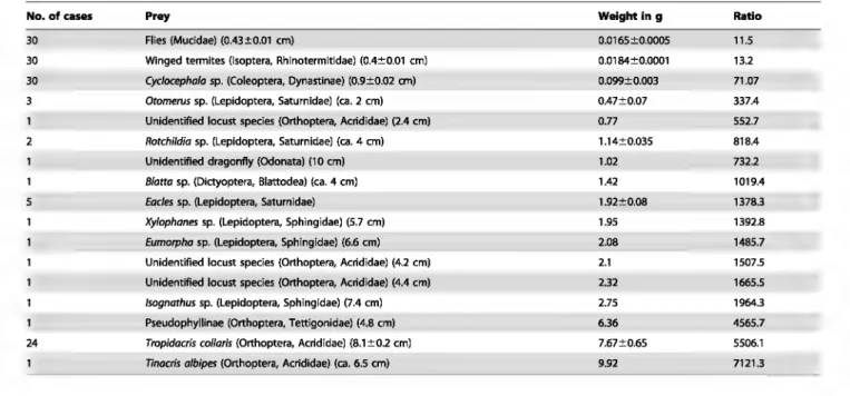 Table 1. Different captured prey, their weight (or mean weight  ::!::  SE)  and the ratio with the mean weight of a hunting worker (ca